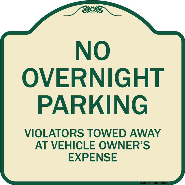 Signmission Designer Series-No Overnight Parking, Tan & Green Heavy-Gauge Aluminum, 18" x 18", TG-1818-9828 A-DES-TG-1818-9828